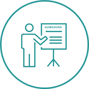 Icon Akademien Voraussetzungen Heilpraktiker Ausbildung Eine schematisch dargestellte Person zeigt etwas auf einem Flipchart