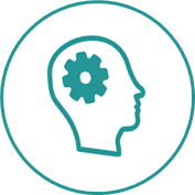 Icon Persoenliche Voraussetzungen Heilpraktiker Ausbildung Das Profil eines schematisch gezeichneten Kopfs mit zwei Zahnrädern in der Mitte des Schädels