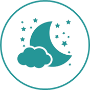 Ein schematisch dargestellter Halbmond mit einer Wolke und Sternen