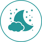 Icon nebenberuflich Abendkurs Ein schematisch dargestellter Halbmond mit einer Wolke und Sternen
